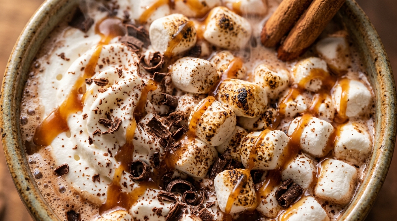 Ultra close-up macro texture of hot chocolate in ceramic mug topped with whipped cream, mini marshmallows, chocolate shavings, and caramel drizzle