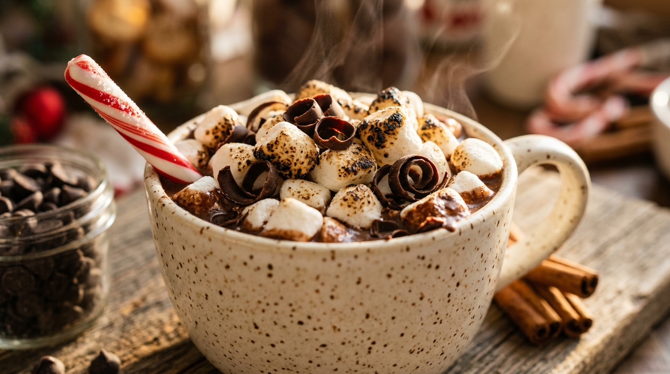 Extreme close-up macro of an artisan party hot cocoa mug filled with rich dark chocolate, piled high with toasted mini marshmallows, chocolate shavings, and peppermint stick