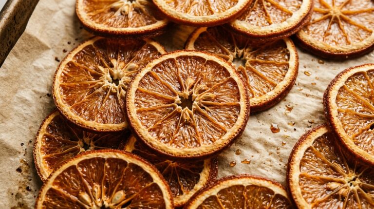 Ultra close-up macro texture of translucent amber oven-dried orange slices on parchment baking sheet