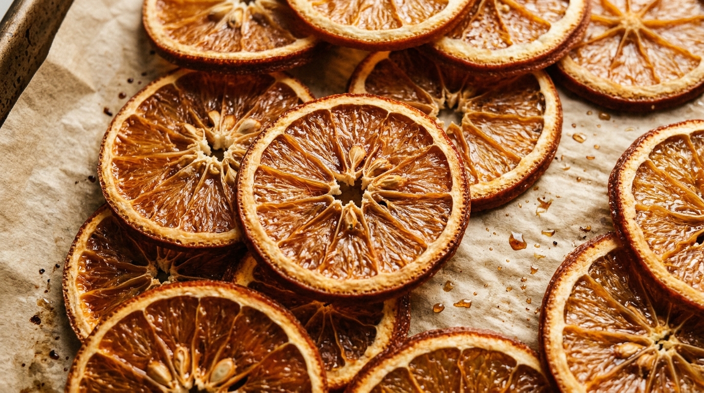 Ultra close-up macro texture of translucent amber oven-dried orange slices on parchment baking sheet