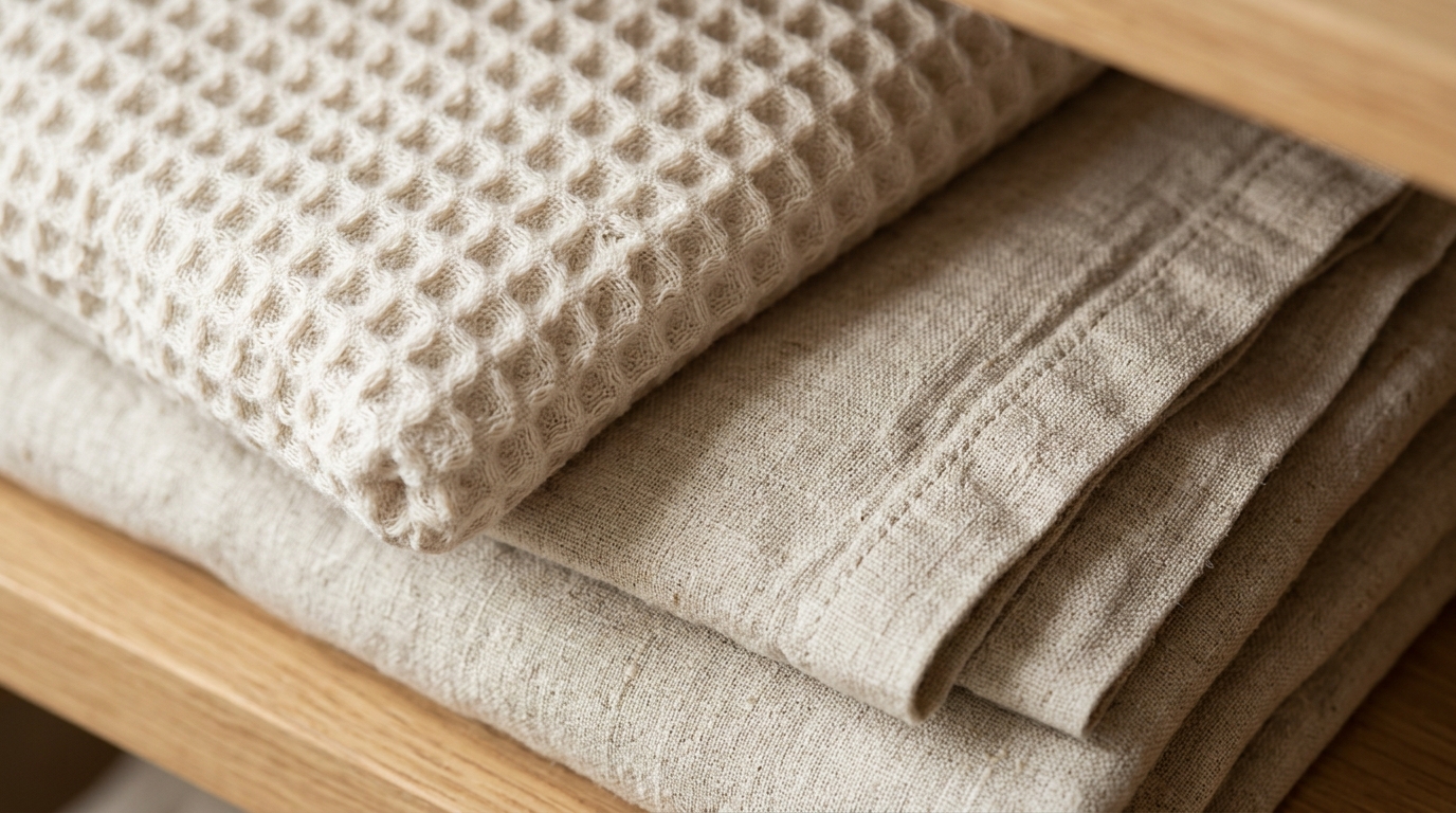 Ultra close-up macro texture of neatly folded waffle-knit cotton towels and neutral flax linen bedsheets on warm wooden shelf
