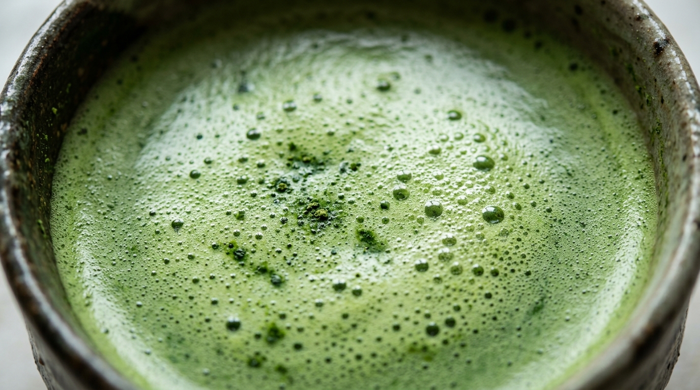 Ultra close-up macro texture of freshly whisked vibrant emerald green matcha tea with micro-foam bubbles in ceramic bowl
