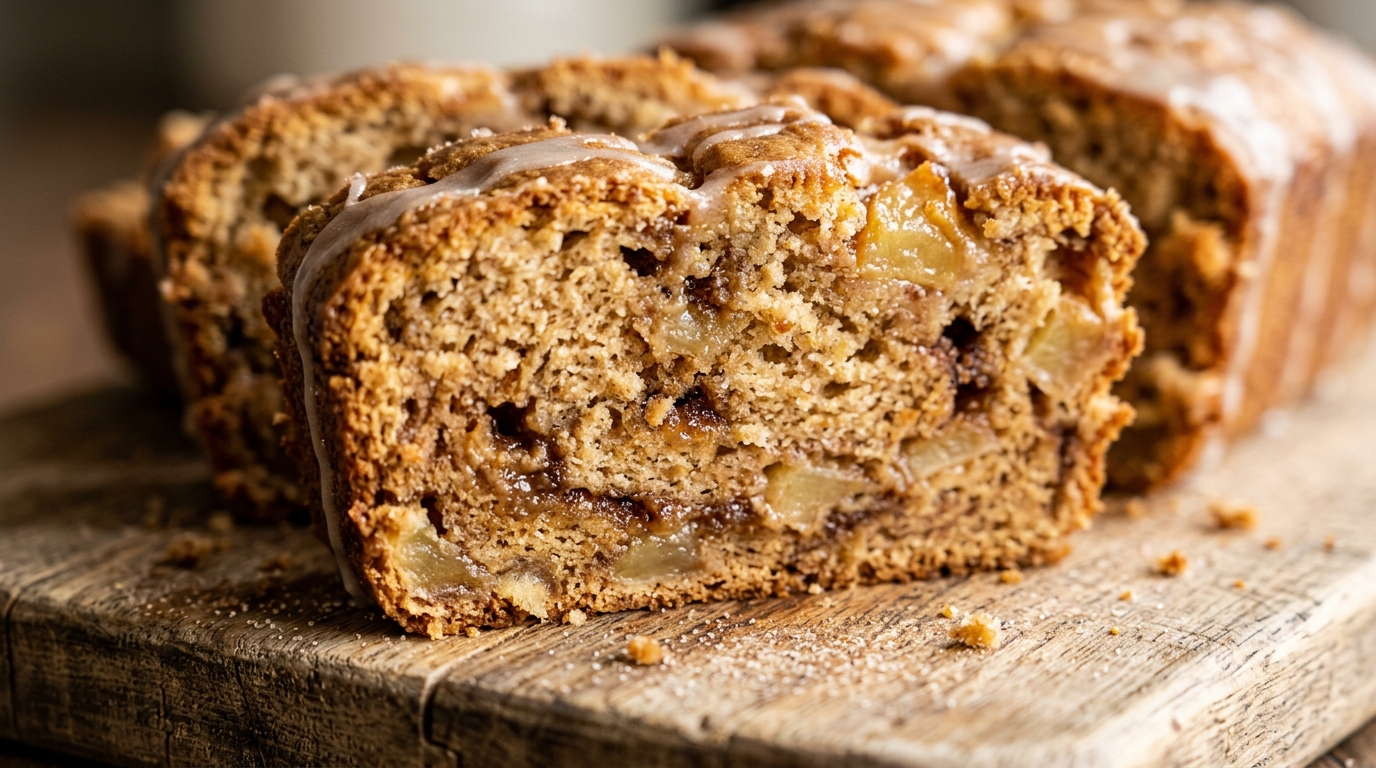Ultra close-up macro food photography of freshly sliced moist cinnamon apple bread showing caramelized apple pieces, dark cinnamon swirl, and vanilla glaze on a rustic cutting board