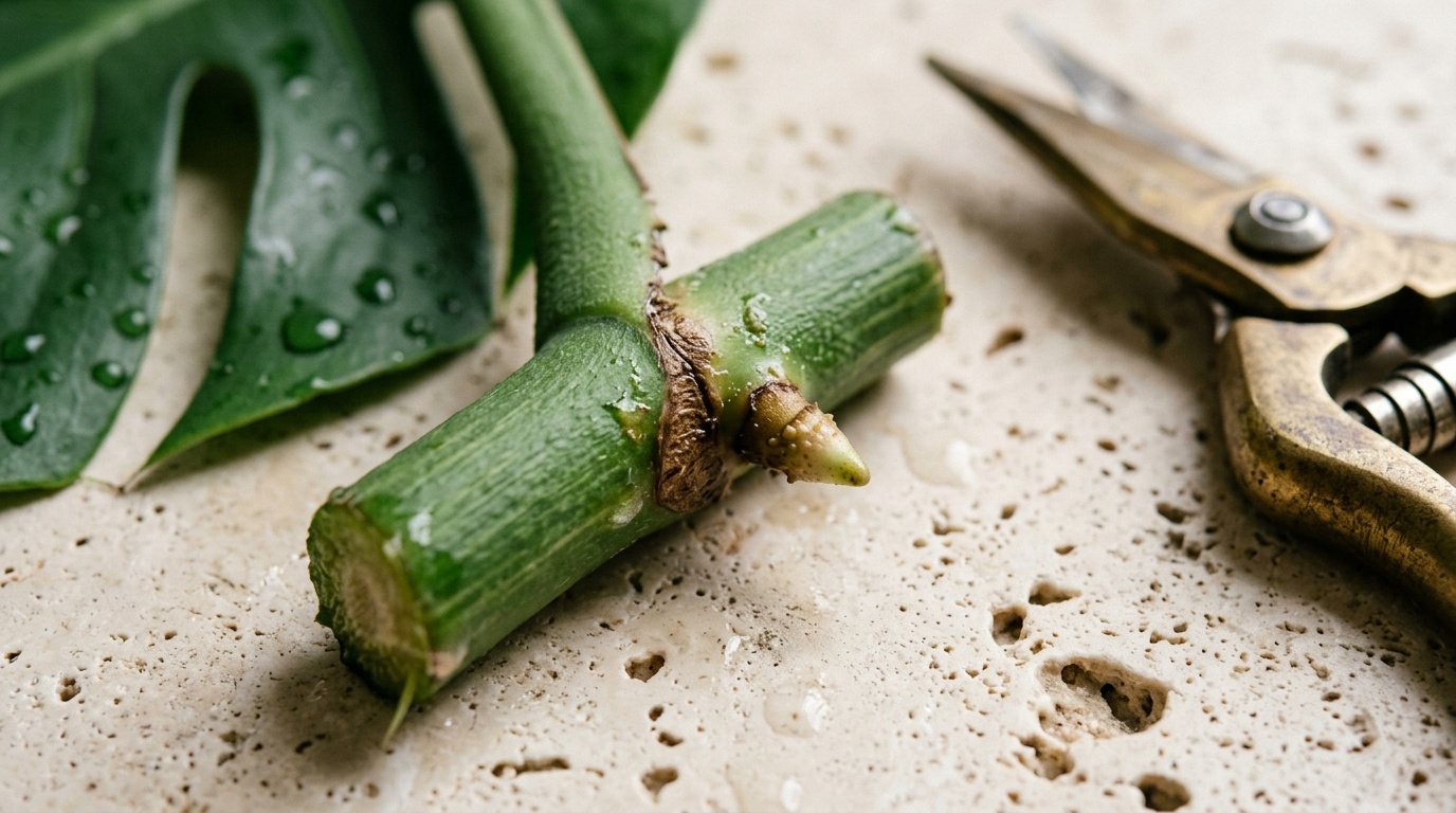 Macro close-up of fresh Monstera Deliciosa stem cutting showing prominent growth node and aerial root nub on travertine workbench