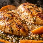 Ultra close-up macro food photography of golden seared apple cider chicken cutlets simmering in amber cider glaze with caramelized apples