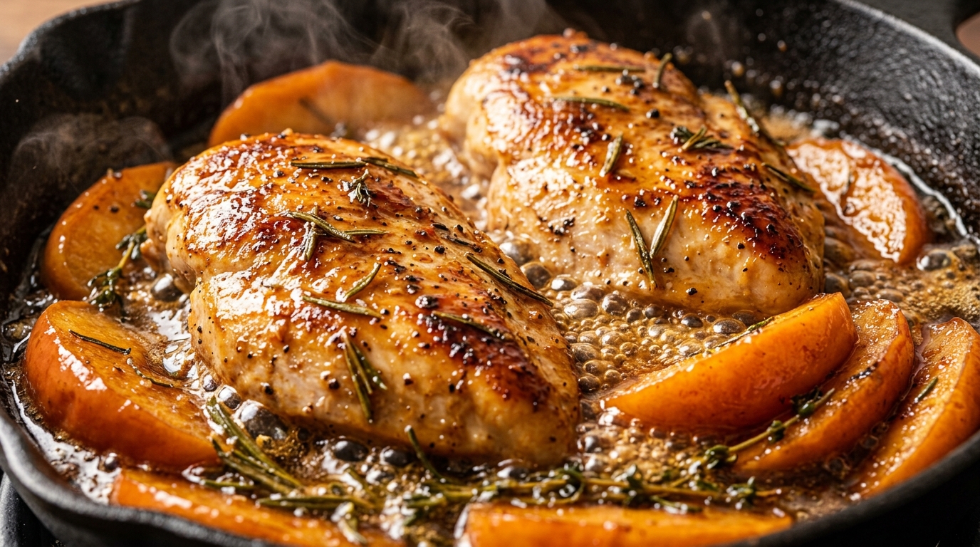 Ultra close-up macro food photography of golden seared apple cider chicken cutlets simmering in amber cider glaze with caramelized apples