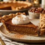 Extreme macro close-up of holiday pie slices on ceramic dessert plates with spiced pumpkin pie, vanilla bean whipped cream, and brass fork