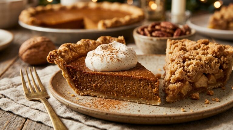 Extreme macro close-up of holiday pie slices on ceramic dessert plates with spiced pumpkin pie, vanilla bean whipped cream, and brass fork