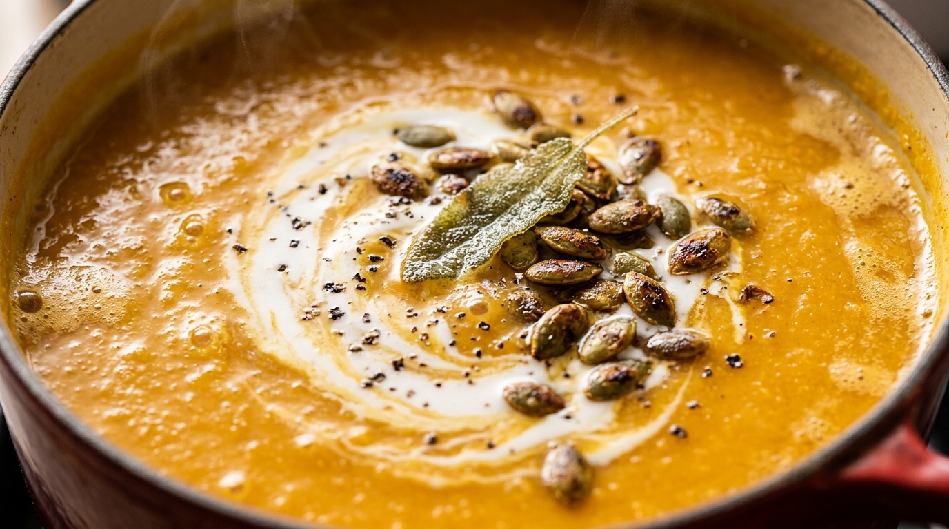 Ultra close-up macro food photography of velvety roasted butternut squash soup simmering with cream swirl and roasted pepitas