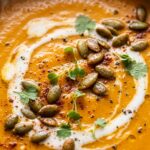 Ultra close-up macro texture of velvety creamy roasted sweet potato soup in rustic ceramic bowl with coconut cream swirl and toasted pepitas