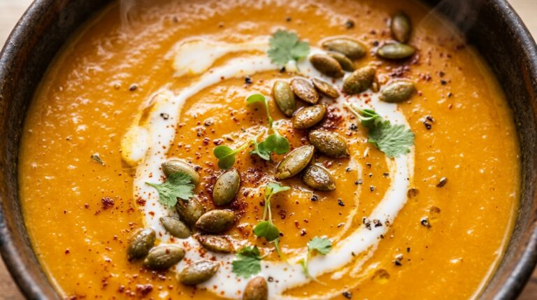 Ultra close-up macro texture of velvety creamy roasted sweet potato soup in rustic ceramic bowl with coconut cream swirl and toasted pepitas