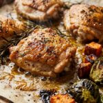 Ultra close-up macro food photography of sizzling golden crispy sheet pan chicken thighs roasted alongside caramelized sweet potatoes and charred Brussels sprouts on a rimmed baking sheet