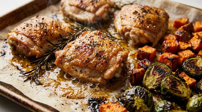 Ultra close-up macro food photography of sizzling golden crispy sheet pan chicken thighs roasted alongside caramelized sweet potatoes and charred Brussels sprouts on a rimmed baking sheet