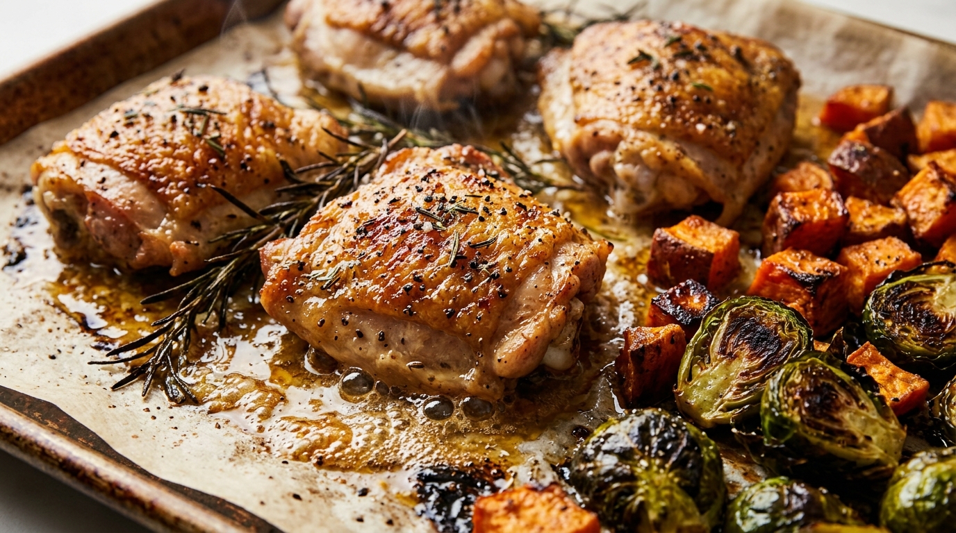 Ultra close-up macro food photography of sizzling golden crispy sheet pan chicken thighs roasted alongside caramelized sweet potatoes and charred Brussels sprouts on a rimmed baking sheet
