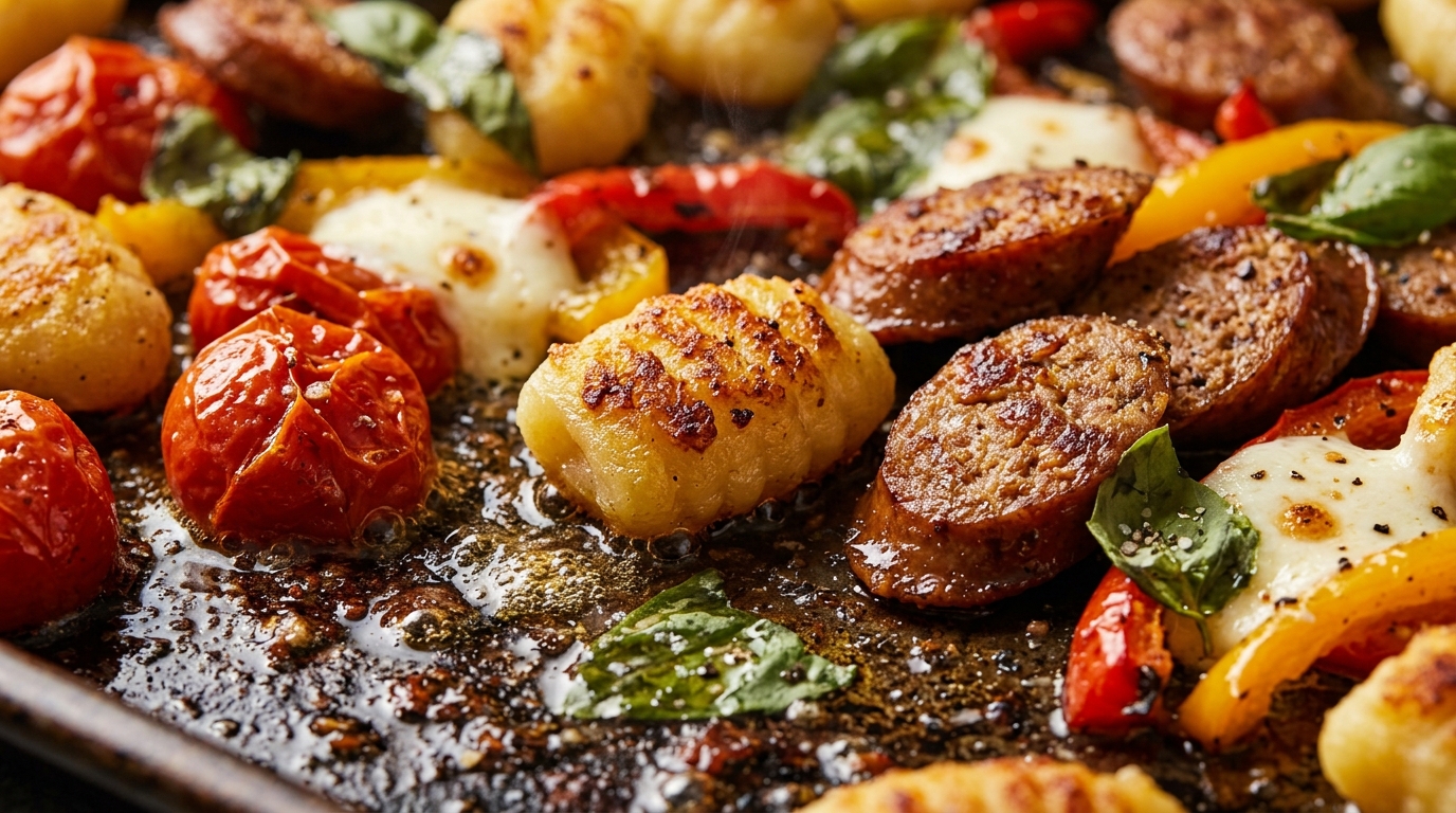 Ultra close-up macro food photography of crispy golden roasted sheet pan gnocchi and browned halal sausage with burst cherry tomatoes and melted mozzarella