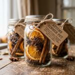 Close-up of dried simmer pot gift jars filled with dehydrated orange slices, cinnamon sticks, star anise, and tied with cotton twine on a wooden table