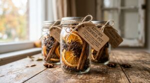 Close-up of dried simmer pot gift jars filled with dehydrated orange slices, cinnamon sticks, star anise, and tied with cotton twine on a wooden table