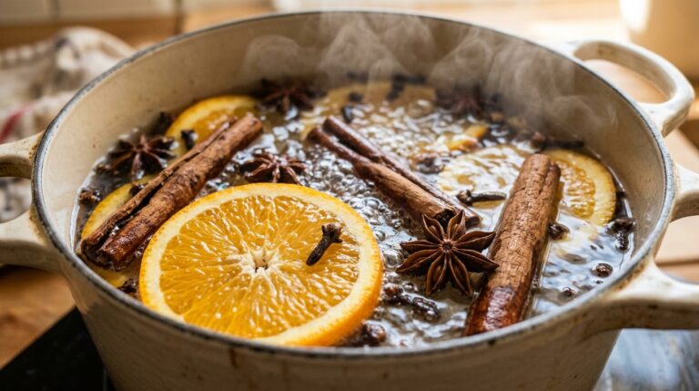 Ultra close-up macro eye-level shot of fresh orange slices, whole cinnamon sticks, star anise, and cloves gently simmering in a cream enameled cast iron pot with soft rising steam