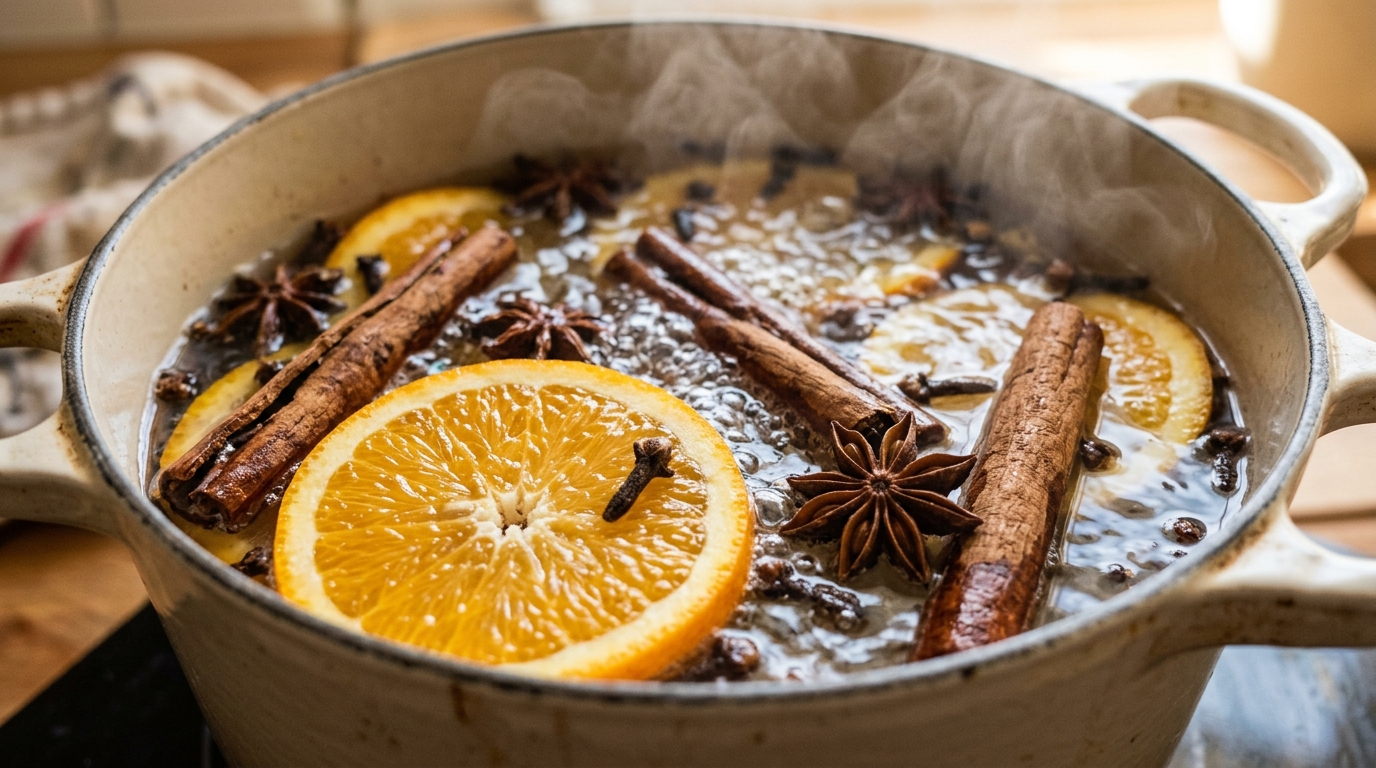 Ultra close-up macro eye-level shot of fresh orange slices, whole cinnamon sticks, star anise, and cloves gently simmering in a cream enameled cast iron pot with soft rising steam