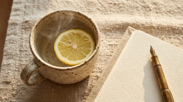 Ultra close-up macro of steaming ceramic mug of lemon water on linen runner beside open morning journal in dawn light