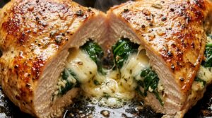 Ultra close-up macro texture of golden seared spinach stuffed chicken breast sliced open with molten mozzarella and garlic spinach filling