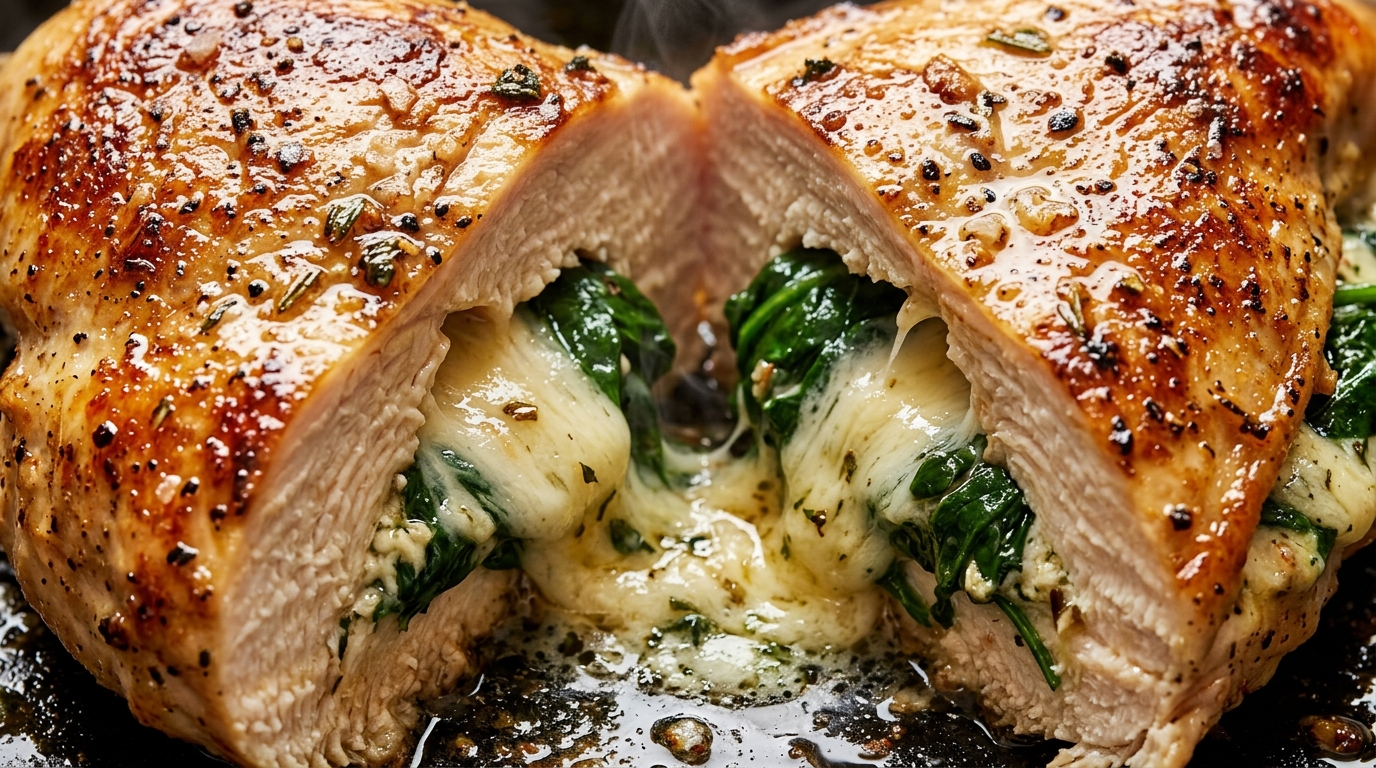 Ultra close-up macro texture of golden seared spinach stuffed chicken breast sliced open with molten mozzarella and garlic spinach filling