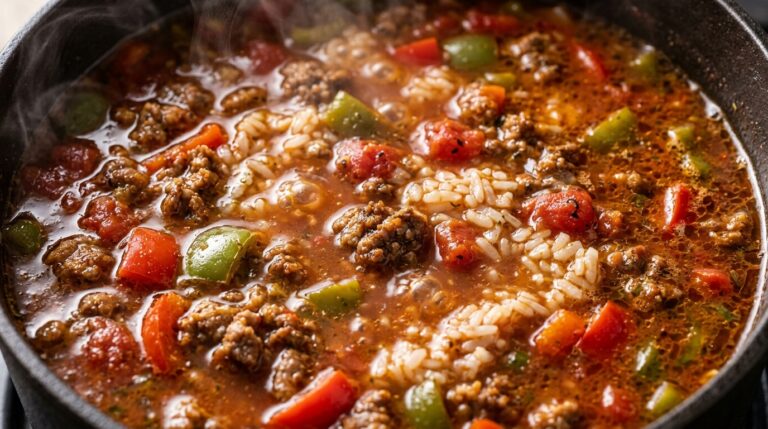 Ultra close-up macro texture of rich stuffed pepper soup with ground beef, vibrant bell peppers, and rice simmering in tomato broth