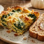 Extreme macro close-up of a festive Thanksgiving brunch plate with baked egg strata, cinnamon apple bread slice, hot drip coffee, and linen napkin