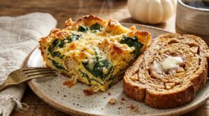 Extreme macro close-up of a festive Thanksgiving brunch plate with baked egg strata, cinnamon apple bread slice, hot drip coffee, and linen napkin