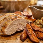 Extreme close-up macro of a Thanksgiving buffet carving platter with golden herb-basted roasted turkey slices, spiced cranberry sauce, and savory stuffing