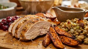 Extreme close-up macro of a Thanksgiving buffet carving platter with golden herb-basted roasted turkey slices, spiced cranberry sauce, and savory stuffing