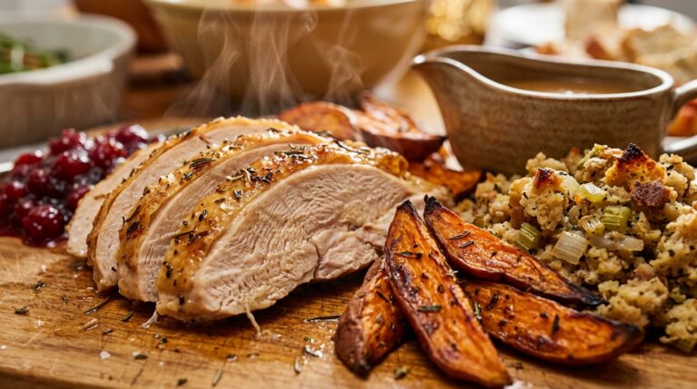 Extreme close-up macro of a Thanksgiving buffet carving platter with golden herb-basted roasted turkey slices, spiced cranberry sauce, and savory stuffing