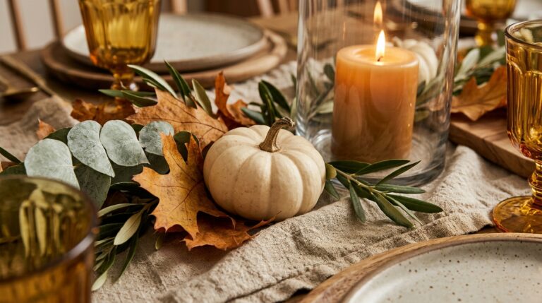 Extreme close-up macro of a Thanksgiving centerpiece with silver dollar eucalyptus, miniature white pumpkins, and warm glowing candles