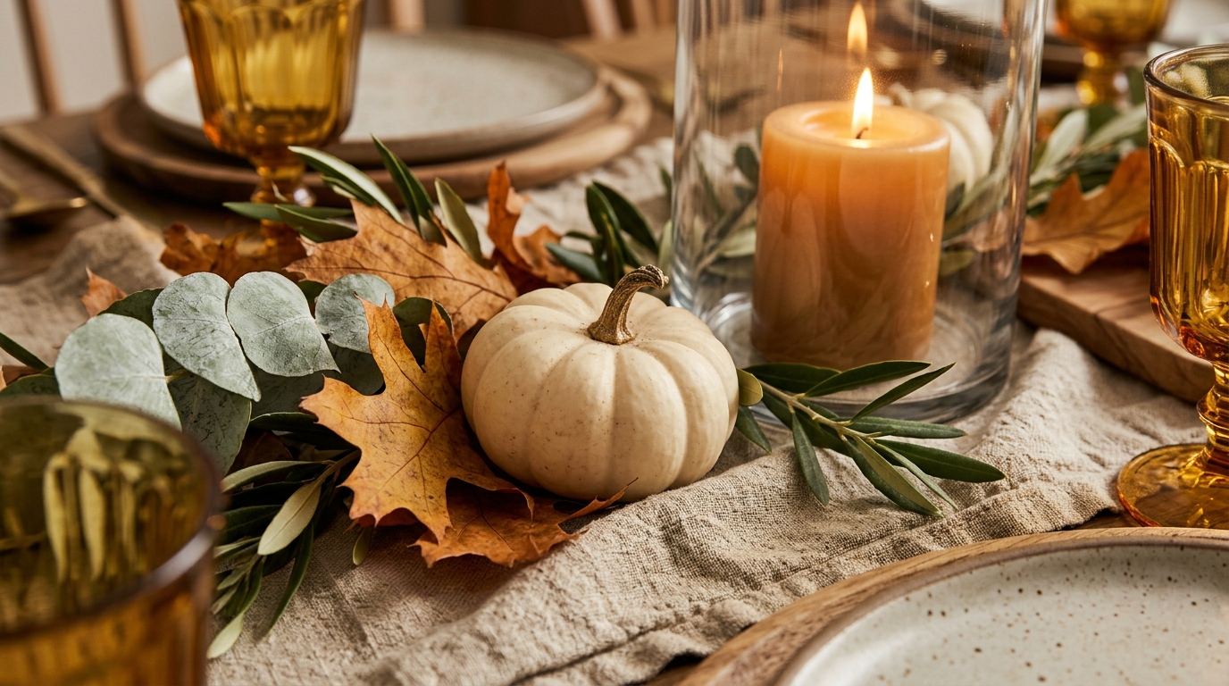 Extreme close-up macro of a Thanksgiving centerpiece with silver dollar eucalyptus, miniature white pumpkins, and warm glowing candles