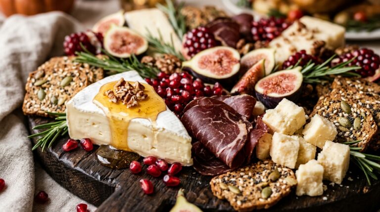 Extreme macro close-up of a lavish Thanksgiving charcuterie board with brie cheese, honey drizzle, halal beef bresaola, pomegranate seeds, and figs