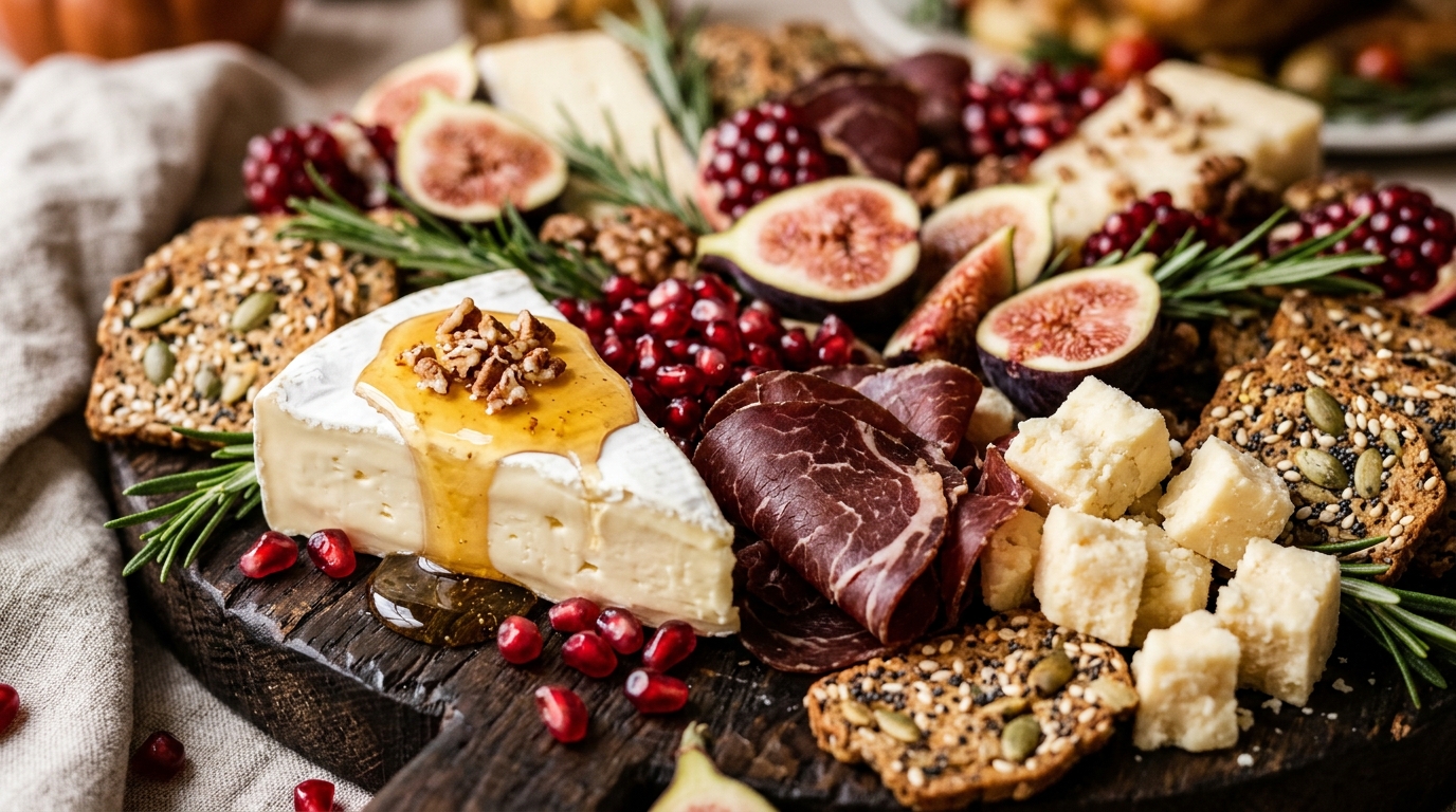 Extreme macro close-up of a lavish Thanksgiving charcuterie board with brie cheese, honey drizzle, halal beef bresaola, pomegranate seeds, and figs