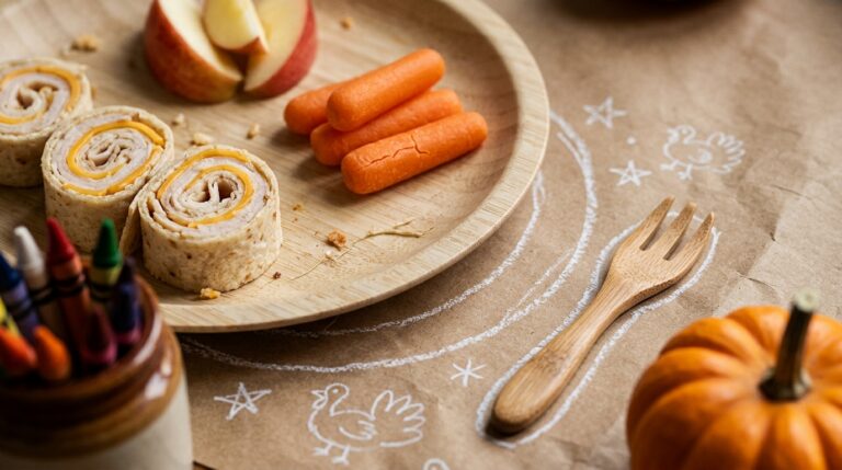 Extreme macro close-up of a Thanksgiving kids table setting with brown butcher paper, bamboo plate, kid-friendly feast nibbles, and colorful crayons