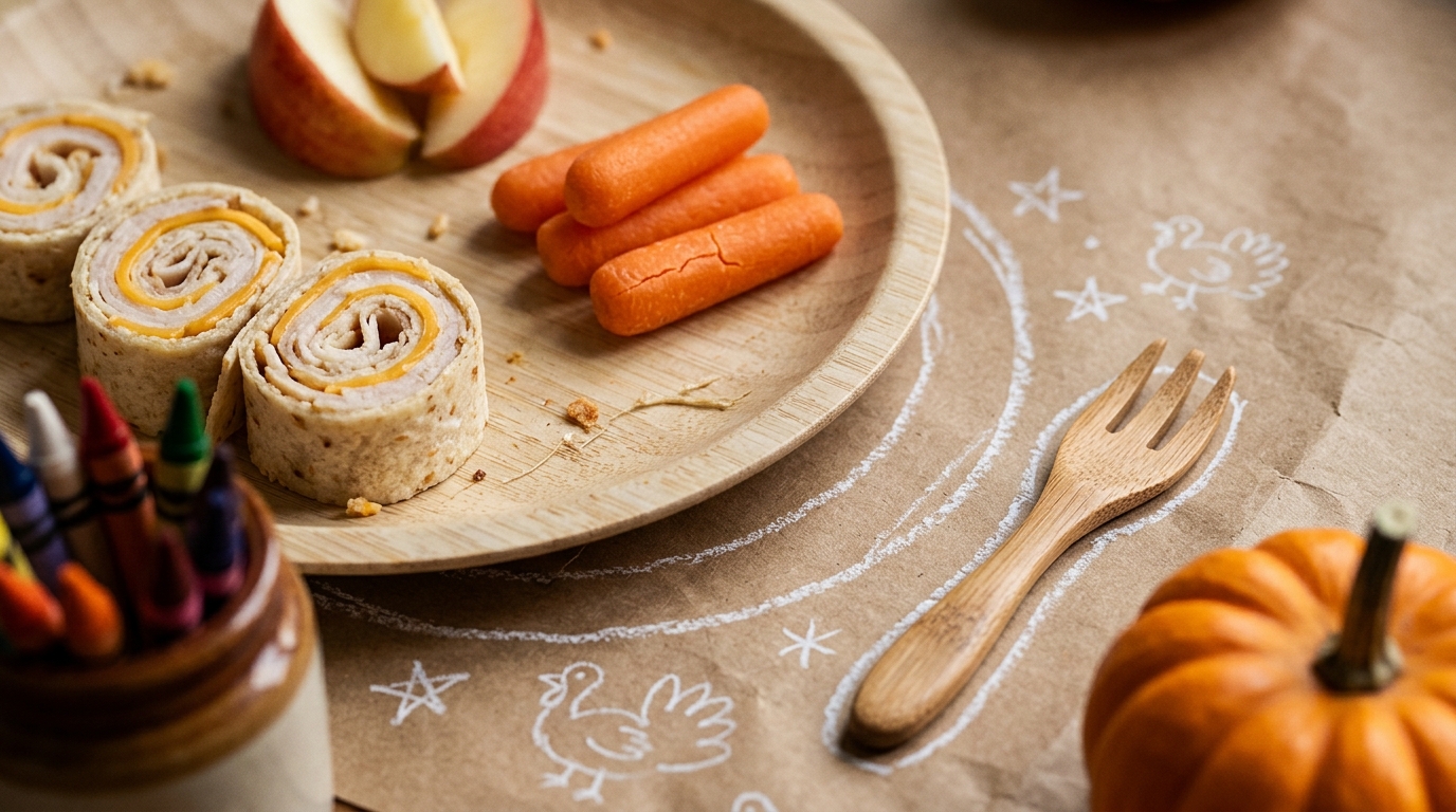 Extreme macro close-up of a Thanksgiving kids table setting with brown butcher paper, bamboo plate, kid-friendly feast nibbles, and colorful crayons