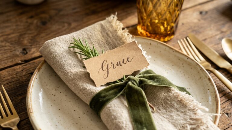 Extreme close-up macro of an elegant Thanksgiving place setting with cream ceramic plate, folded linen napkin tied with green velvet ribbon, fresh rosemary, and handwritten kraft name card