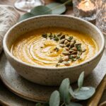 Extreme close-up macro of a Thanksgiving dinner table setting with ceramic plate, roasted butternut squash soup bowl, brass cutlery, and linen napkin
