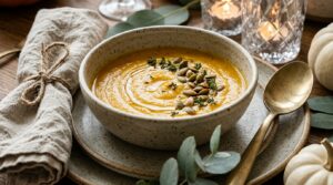 Extreme close-up macro of a Thanksgiving dinner table setting with ceramic plate, roasted butternut squash soup bowl, brass cutlery, and linen napkin