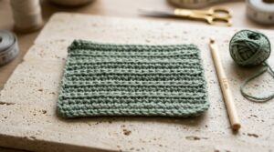 Close-up macro of handmade thermal single crochet fabric in sage green worsted cotton showing dense double-thick ridges and 4.5 mm wooden hook on travertine workbench