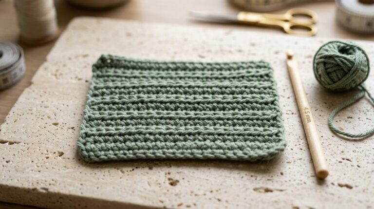 Close-up macro of handmade thermal single crochet fabric in sage green worsted cotton showing dense double-thick ridges and 4.5 mm wooden hook on travertine workbench