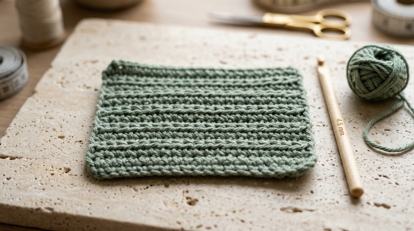 Close-up macro of handmade thermal single crochet fabric in sage green worsted cotton showing dense double-thick ridges and 4.5 mm wooden hook on travertine workbench