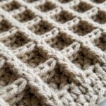 Ultra close-up macro texture of thick handmade waffle stitch crochet dishcloth in oatmeal cotton on white quartz counter