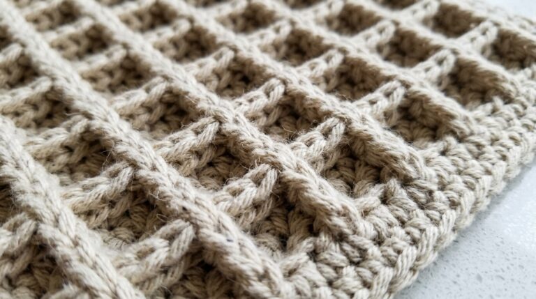Ultra close-up macro texture of thick handmade waffle stitch crochet dishcloth in oatmeal cotton on white quartz counter