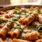 Ultra close-up macro of bubbling creamy tomato basil rigatoni pasta in enameled skillet with fresh basil and mozzarella