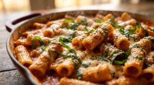 Ultra close-up macro of bubbling creamy tomato basil rigatoni pasta in enameled skillet with fresh basil and mozzarella