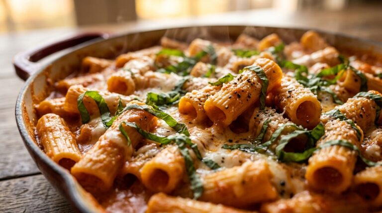 Ultra close-up macro of bubbling creamy tomato basil rigatoni pasta in enameled skillet with fresh basil and mozzarella