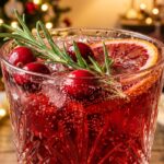 Ultra close-up macro of bubbling sparkling cranberry pomegranate holiday mocktails in fluted crystal glasses with fresh rosemary and citrus